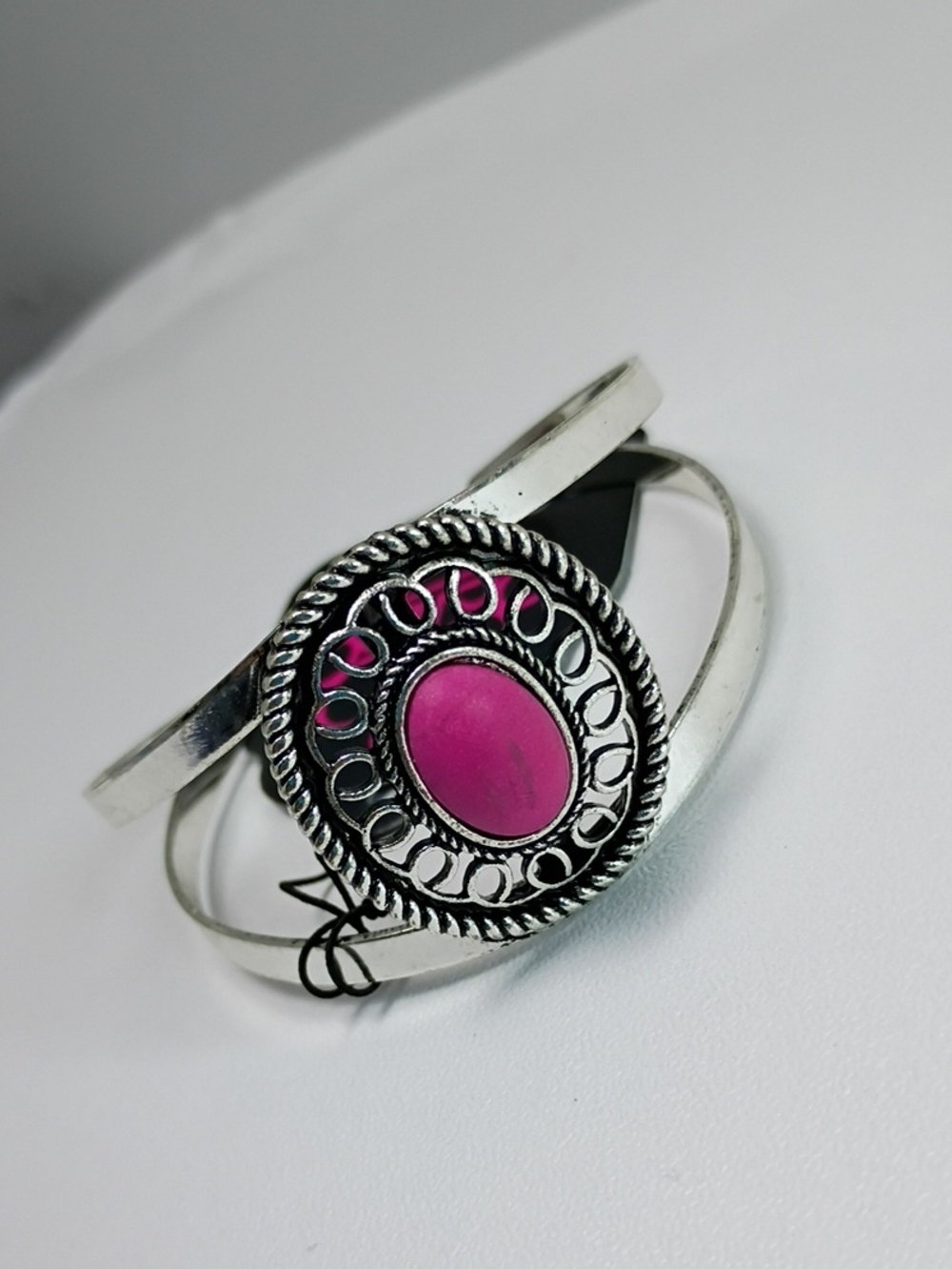 Silver-Tone Pink Oval Stone Cuff Bracelet